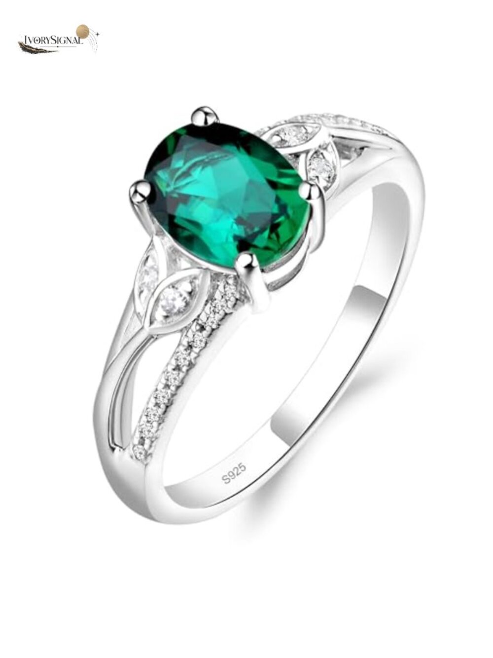925 Sterling Silver Lab Created Emerald Oval Ring Size 7 Vintage Leaf Statement